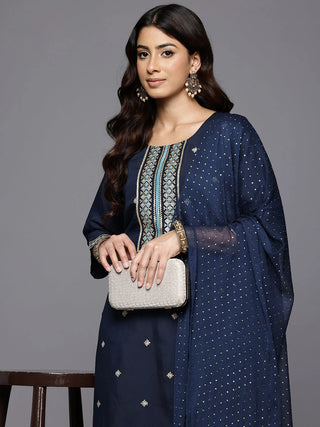 Navy Blue Silk Blend Ethnic Motif Print & Embroidered Straight Shape Suit Set with Silk Chiffon Dupatta