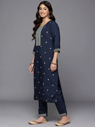 Navy Blue Silk Blend Ethnic Motif Print & Embroidered Straight Shape Suit Set with Silk Chiffon Dupatta