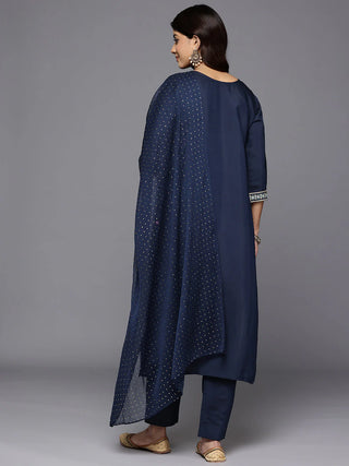 Navy Blue Silk Blend Ethnic Motif Print & Embroidered Straight Shape Suit Set with Silk Chiffon Dupatta