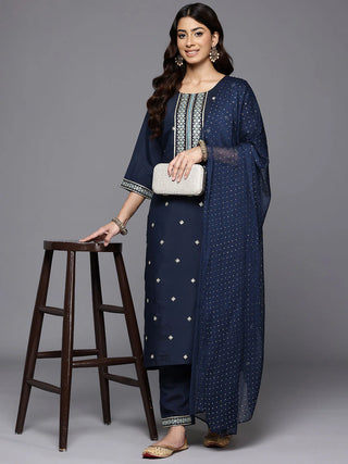 Navy Blue Silk Blend Ethnic Motif Print & Embroidered Straight Shape Suit Set with Silk Chiffon Dupatta