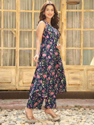 Navy Blue Pure Cotton Floral Print Kurta Bottom Set