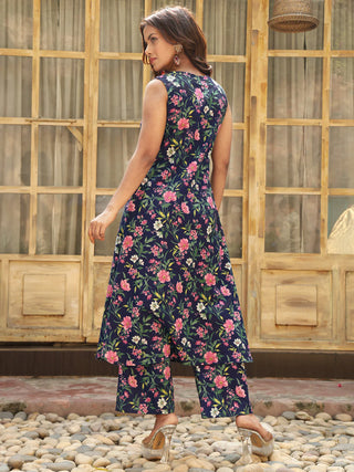 Navy Blue Pure Cotton Floral Print Kurta Bottom Set