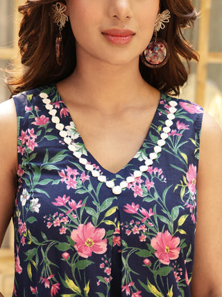 Navy Blue Pure Cotton Floral Print Kurta Bottom Set