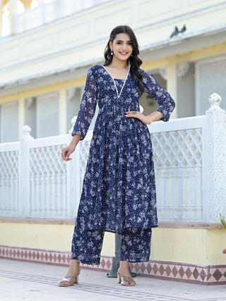 Navy Blue Silk Georgette Floral Print A Line Kurta Palazzo Set