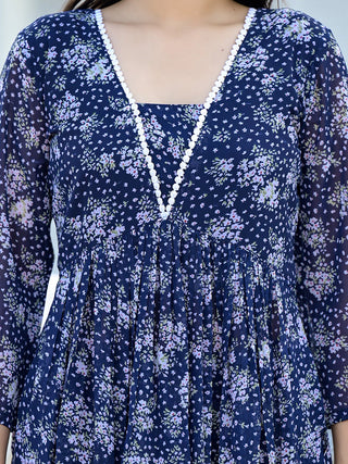 Navy Blue Silk Georgette Floral Print A Line Kurta Palazzo Set