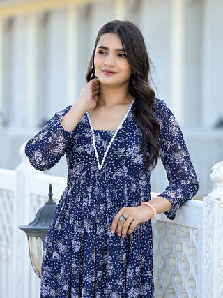 Navy Blue Silk Georgette Floral Print A Line Kurta Palazzo Set