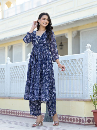 Navy Blue Silk Georgette Floral Print A Line Kurta Palazzo Set