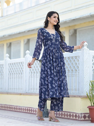 Navy Blue Silk Georgette Floral Print A Line Kurta Palazzo Set