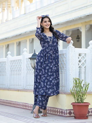 Navy Blue Silk Georgette Floral Print A Line Kurta Palazzo Set