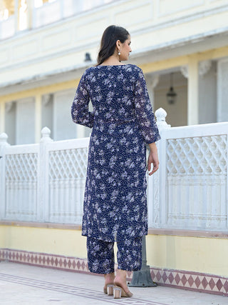 Navy Blue Silk Georgette Floral Print A Line Kurta Palazzo Set