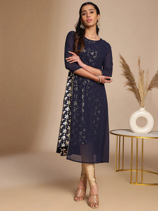 Navy Blue American Crepe Foil Print A Line Kurta