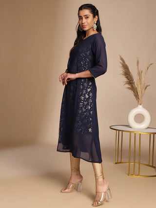 Navy Blue American Crepe Foil Print A Line Kurta