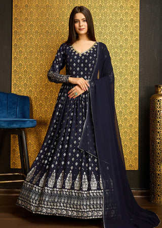 Navy Blue Faux Georgette Gown With Metallic Foil And Embroidery