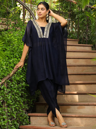 Navy Blue Silk Blend Yoke Embroidered Kaftan Co-Ord Set