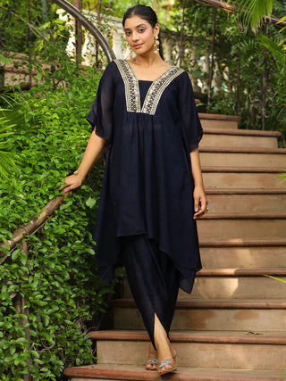 Navy Blue Silk Blend Yoke Embroidered Kaftan Co-Ord Set