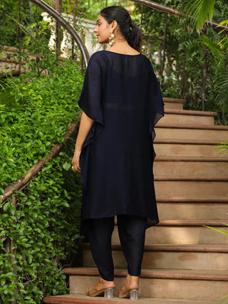 Navy Blue Silk Blend Yoke Embroidered Kaftan Co-Ord Set