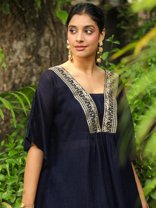 Navy Blue Silk Blend Yoke Embroidered Kaftan Co-Ord Set