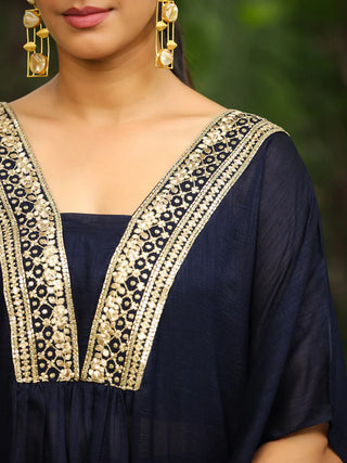 Navy Blue Silk Blend Yoke Embroidered Kaftan Co-Ord Set