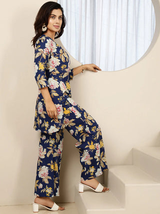 Navy Blue Pure Cotton Printed Kurta Bottom Set