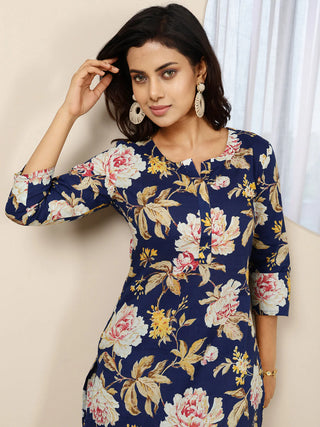 Navy Blue Pure Cotton Printed Kurta Bottom Set