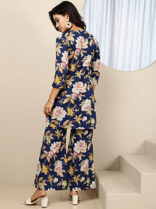 Navy Blue Pure Cotton Printed Kurta Bottom Set