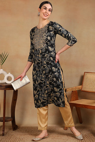 Navy Blue Silk Blend Floral Print Straight Shape Kurta