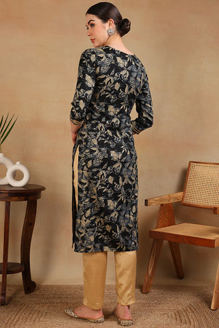 Navy Blue Silk Blend Floral Print Straight Shape Kurta