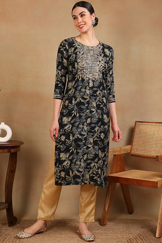 Navy Blue Silk Blend Floral Print Straight Shape Kurta