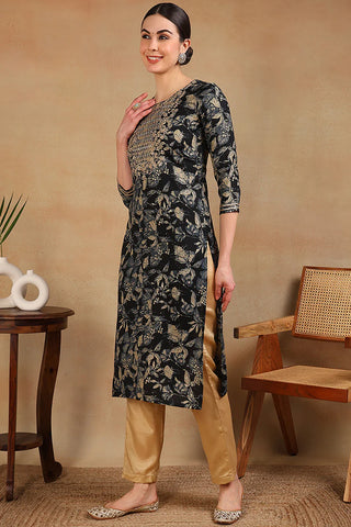 Navy Blue Silk Blend Floral Print Straight Shape Kurta