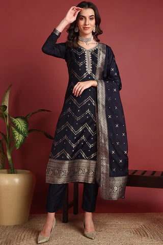 Navy Blue Silk Blend Ethnic Motif Designed Suit Set with Dupatta