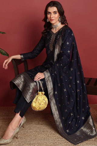 Navy Blue Silk Blend Ethnic Motif Designed Suit Set with Dupatta