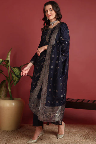 Navy Blue Silk Blend Ethnic Motif Designed Suit Set with Dupatta