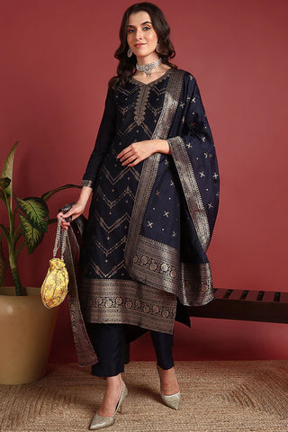 Navy Blue Silk Blend Ethnic Motif Designed Suit Set with Dupatta