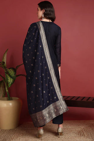 Navy Blue Silk Blend Ethnic Motif Designed Suit Set with Dupatta