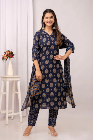 Navy Blue Pure Cotton Suit Set with Dupatta