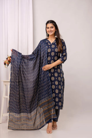 Navy Blue Pure Cotton Suit Set with Dupatta