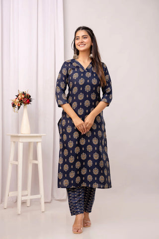 Navy Blue Pure Cotton Suit Set with Dupatta