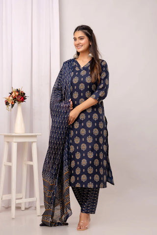 Navy Blue Pure Cotton Suit Set with Dupatta