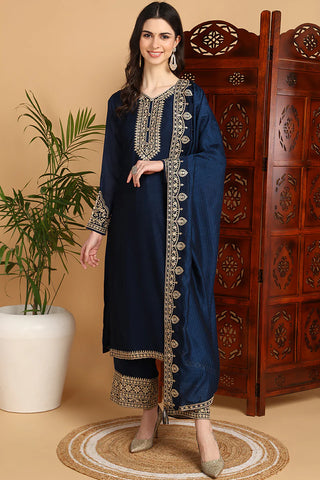 Navy Blue Silk Blend Floral Embroidered Straight Shape Suit Set with Dupatta