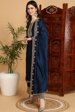 Navy Blue Silk Blend Floral Embroidered Straight Shape Suit Set with Dupatta