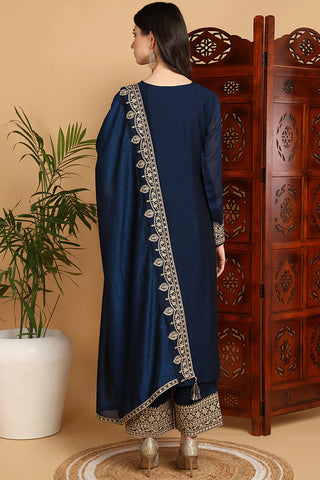 Navy Blue Silk Blend Floral Embroidered Straight Shape Suit Set with Dupatta