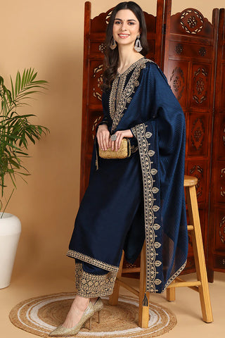 Navy Blue Silk Blend Floral Embroidered Straight Shape Suit Set with Dupatta