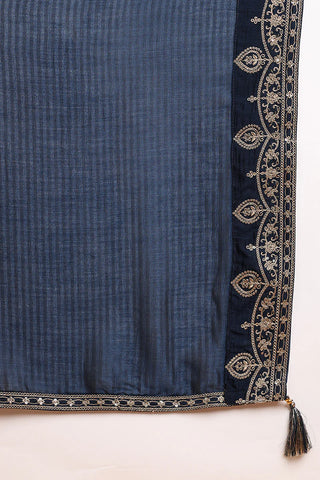 Navy Blue Silk Blend Floral Embroidered Straight Shape Suit Set with Dupatta