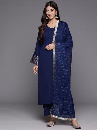 Navy Blue Silk Crepe Suit Set In Gota Patti With Chiffon Silk Dupatta