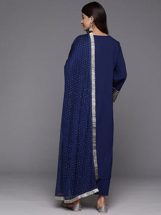 Navy Blue Silk Crepe Suit Set In Gota Patti With Chiffon Silk Dupatta