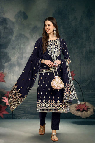 Navy Blue Velvet Ethnic Motif Embroidered Straight Shape Suit Set with Dupatta