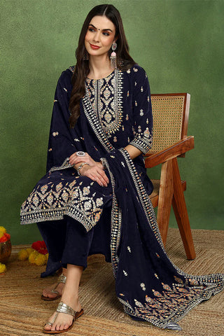 Navy Blue Velvet Ethnic Motif Embroidered Straight Shape Suit Set with Dupatta