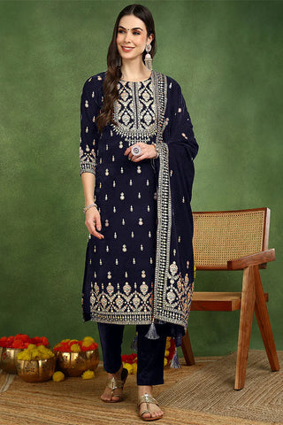 Navy Blue Velvet Ethnic Motif Embroidered Straight Shape Suit Set with Dupatta