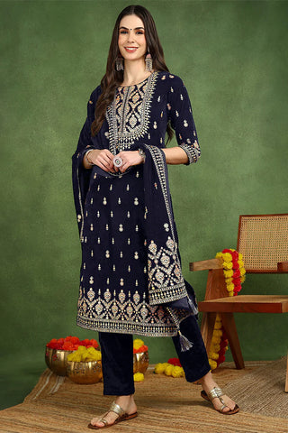 Navy Blue Velvet Ethnic Motif Embroidered Straight Shape Suit Set with Dupatta