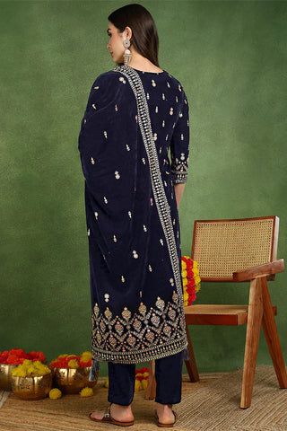 Navy Blue Velvet Ethnic Motif Embroidered Straight Shape Suit Set with Dupatta